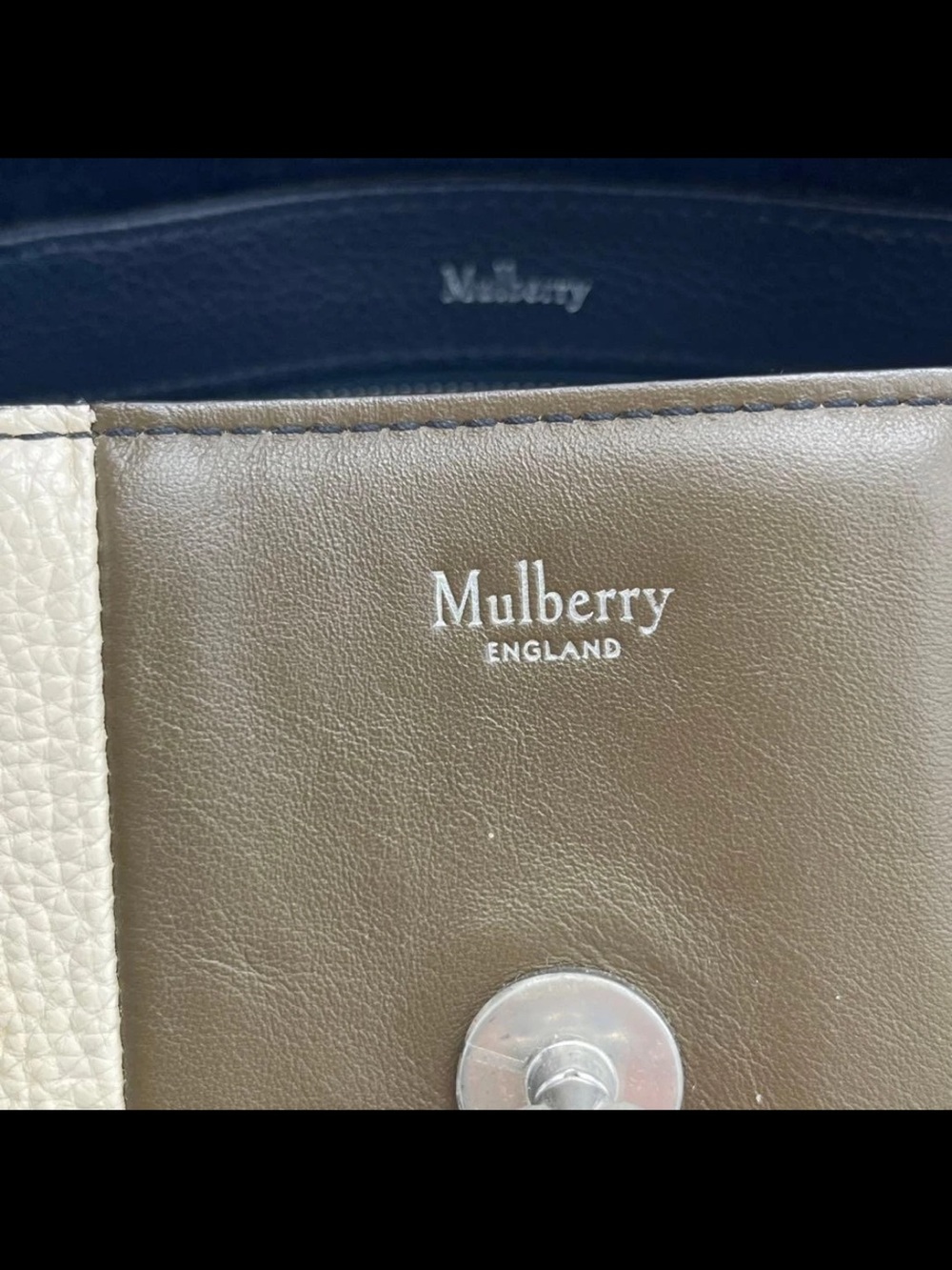 Mulberry Navy Leather Tote with Cream and Olive Center Stripe - Picture 12 of 16